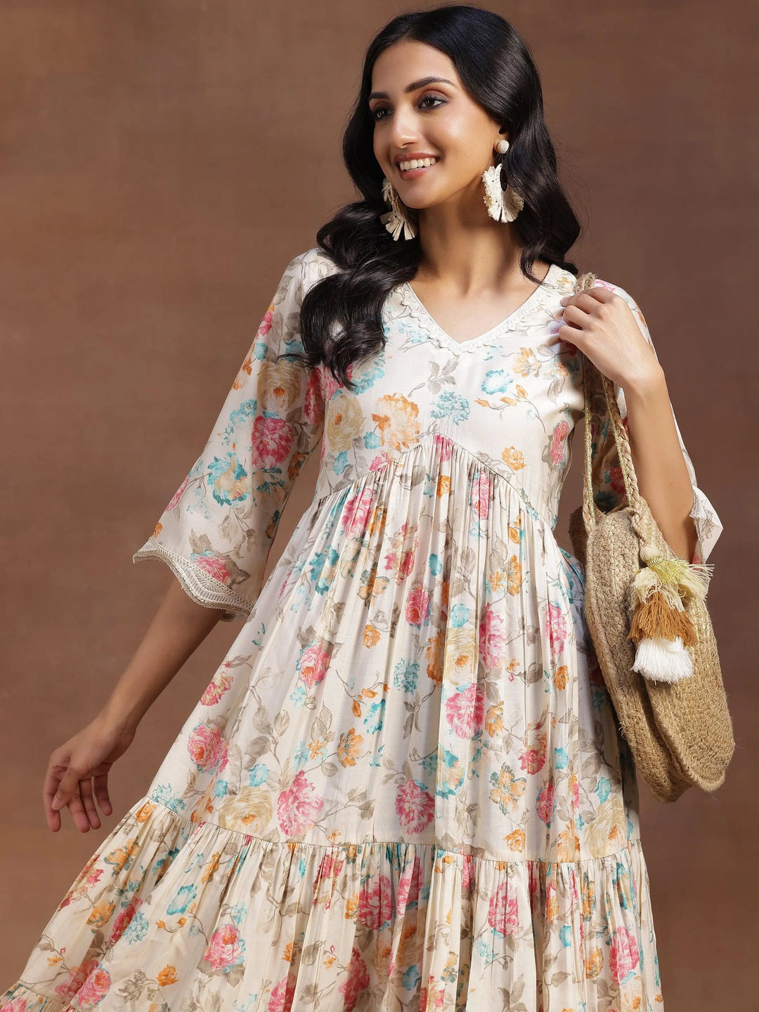 Beige Printed Silk Fit and Flare Dress - Libas 