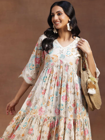 Beige Printed Silk Fit and Flare Dress - Libas