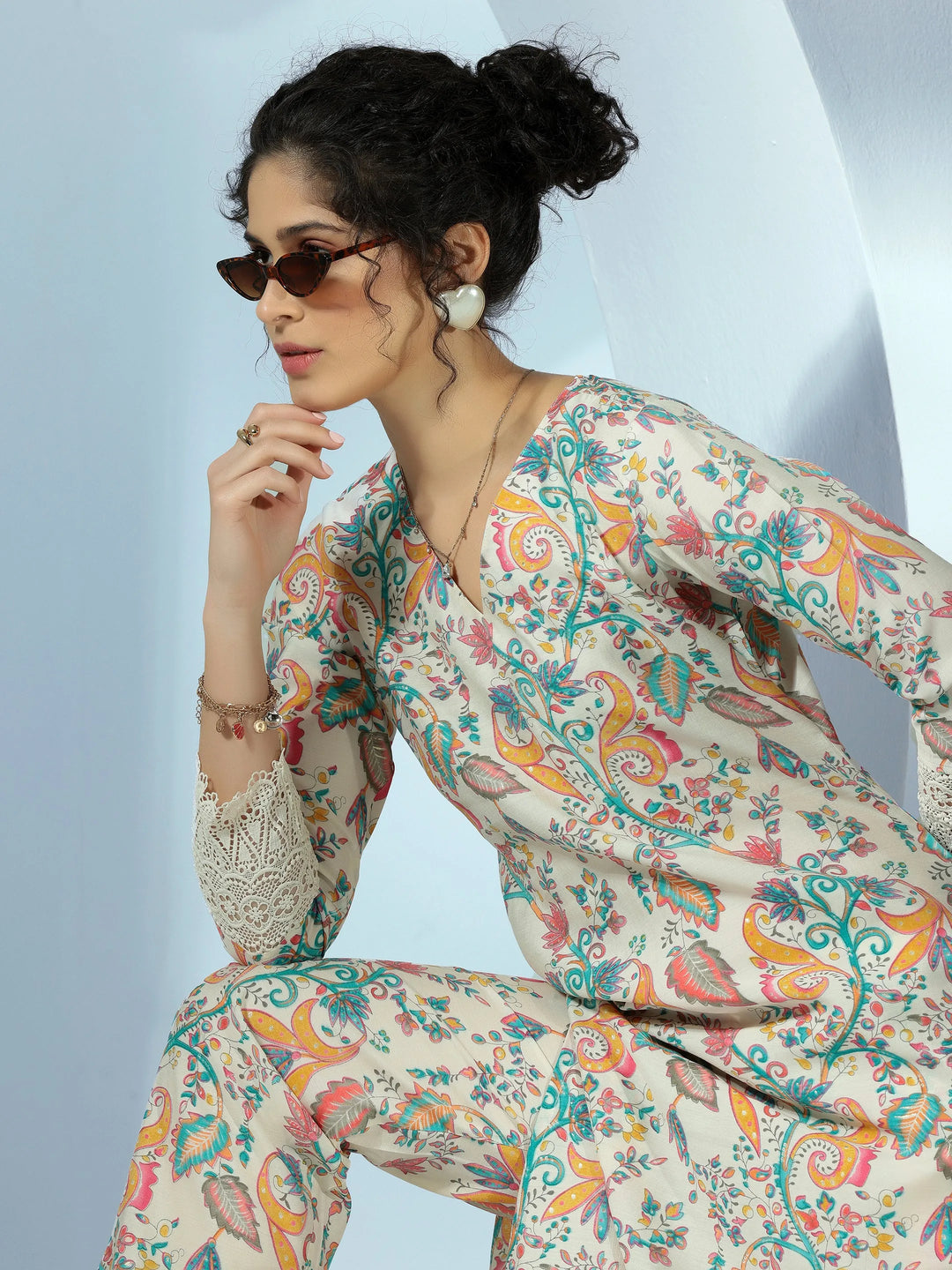  Off White Printed Silk Blend Co-Ords 