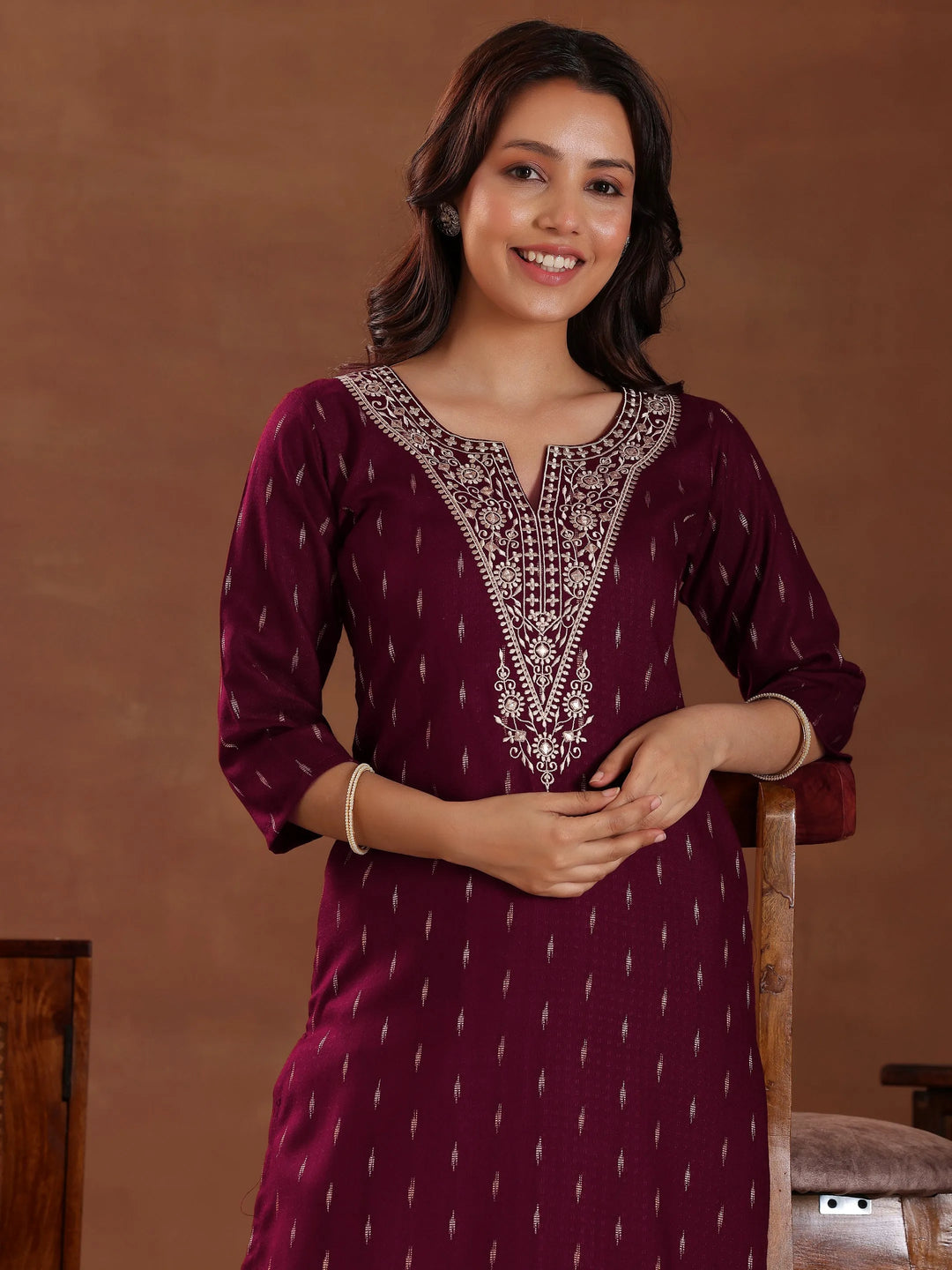  Maroon Woven Design Cotton Straight Kurta 