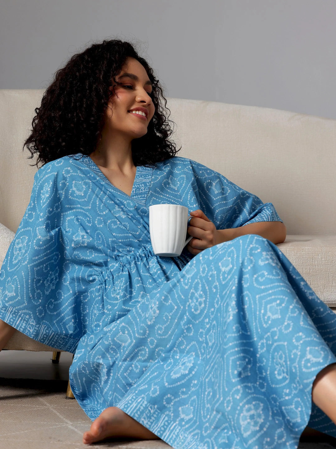 Blue Printed Cotton Kaftan Night Dress - Libas