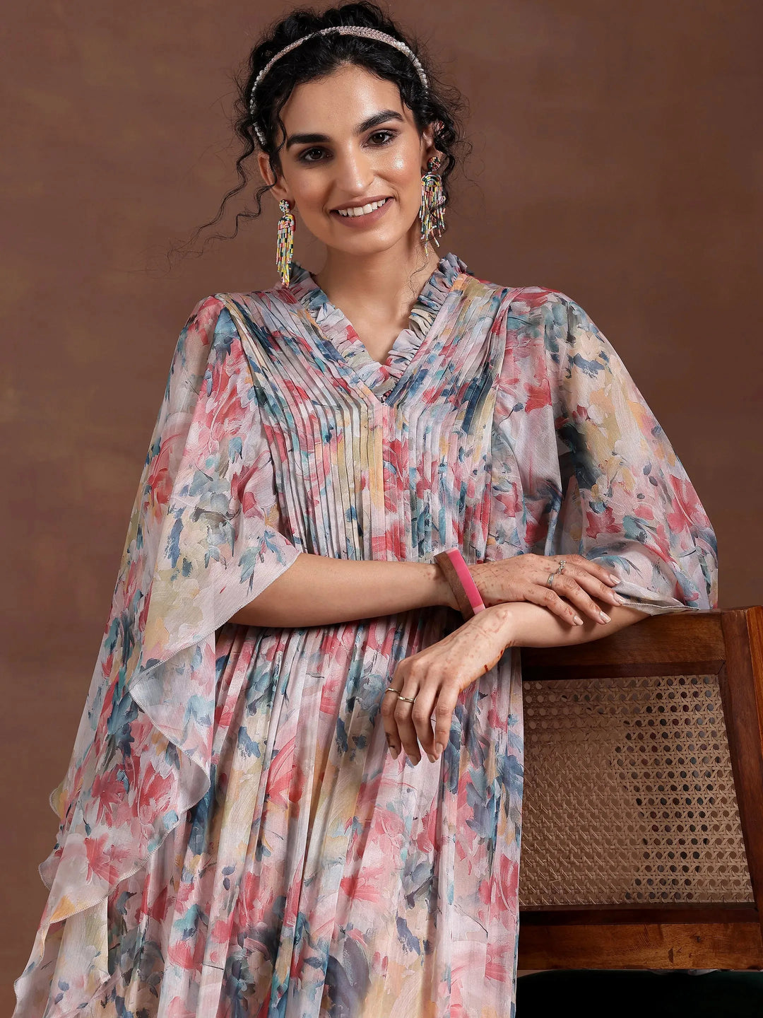  Multicoloured Printed Chiffon A-Line Dress 