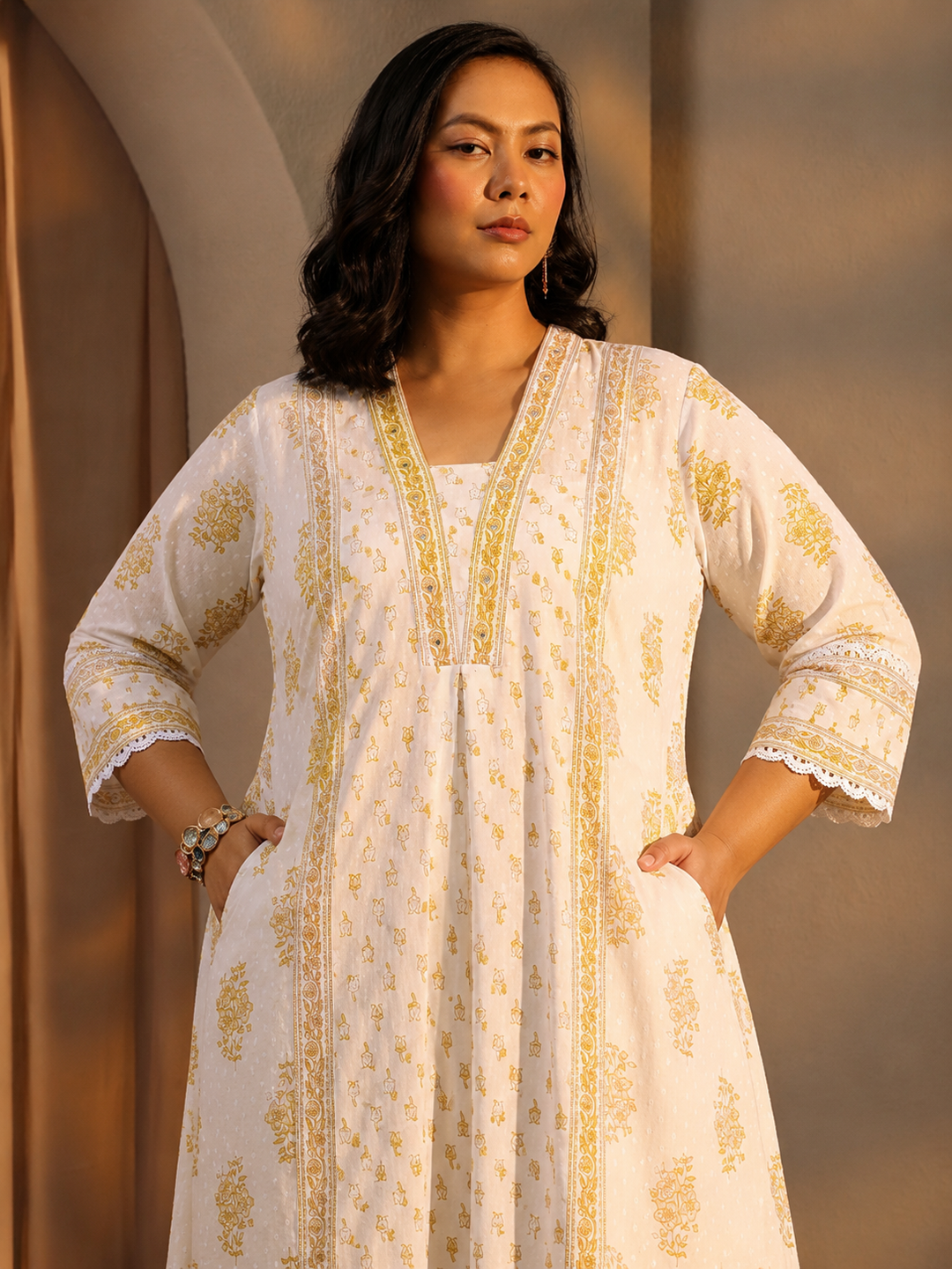  Plus Size White Floral Printed Cotton A-Line Suit Set 
