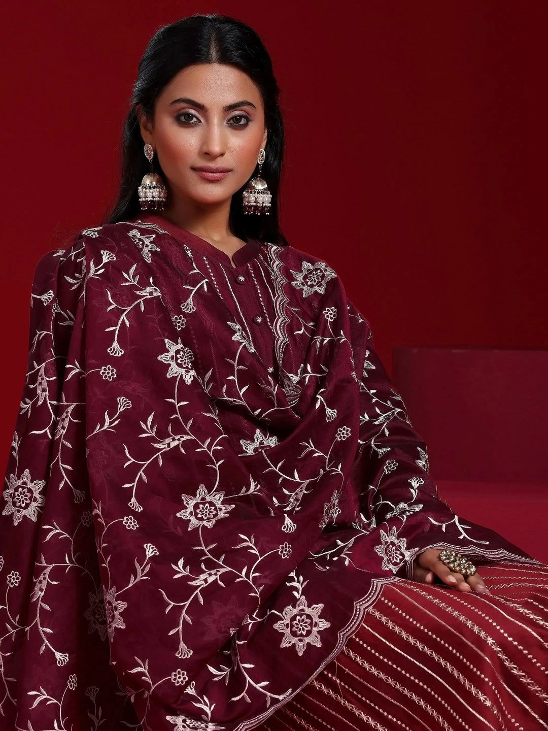  Libas Art Maroon Embroidered Chanderi Silk Straight Suit With Dupatta 