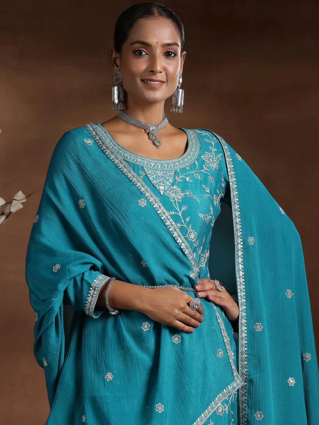  Rama Blue Embroidered Silk Blend Straight Suit With Dupatta 