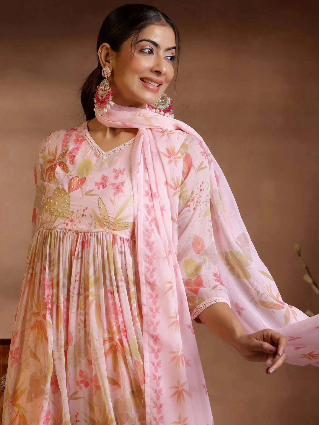  Pink Printed Poly Chiffon A-Line Kurta With Palazzos & Dupatta 
