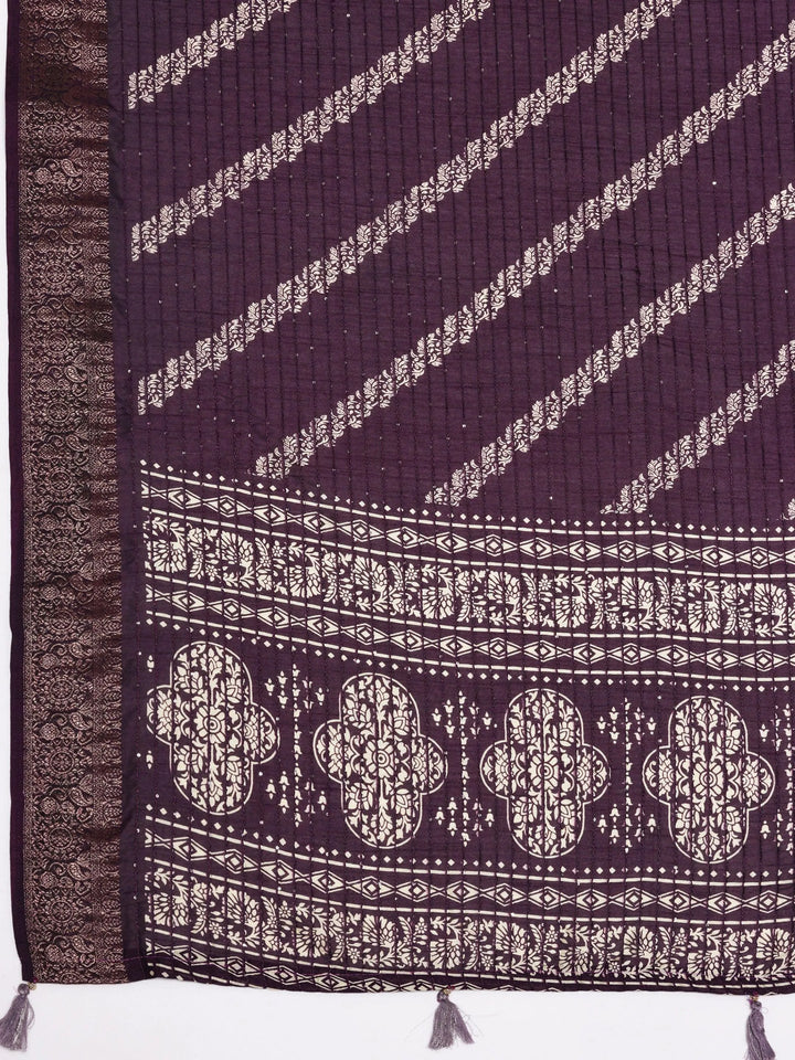Purple Printed Silk Blend Saree With Unstitched Blouse Piece - Libas
