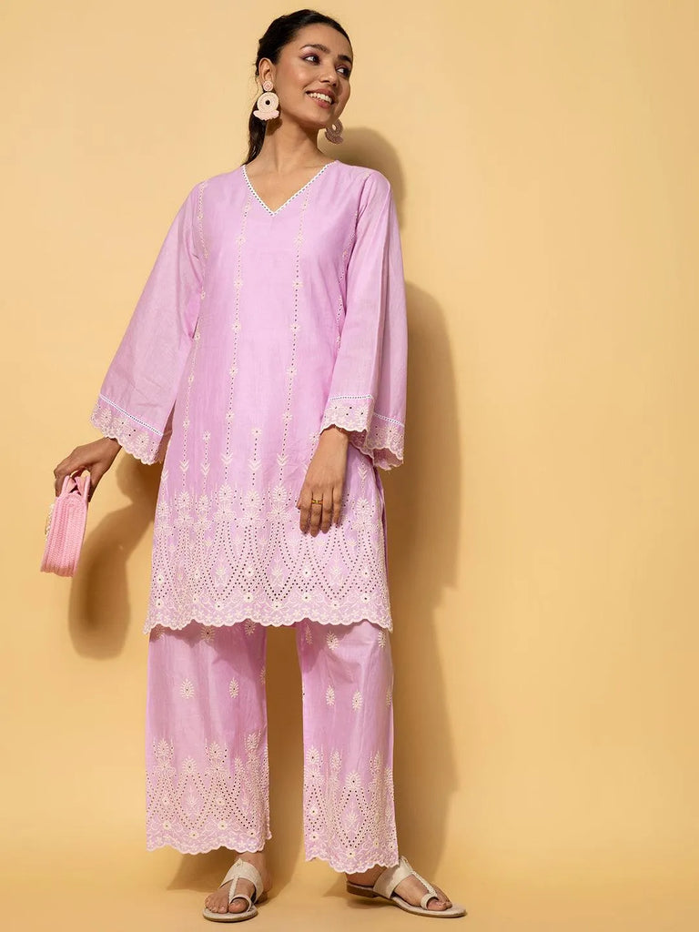 Libas Lavender Embroidered Cotton Co-Ords