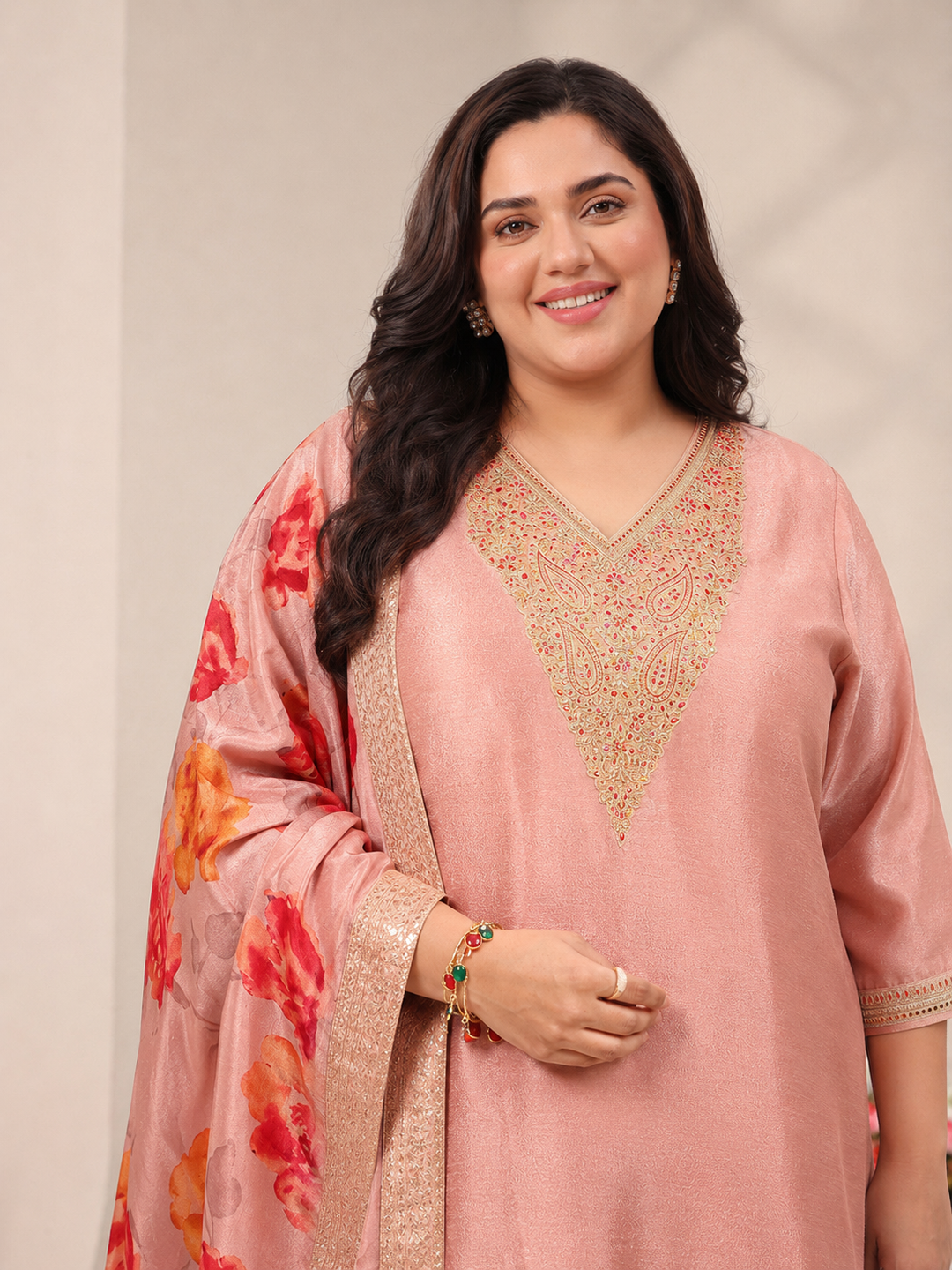  Plus Size Peach Floral Embroidered Silk Blend Straight Suit Set 