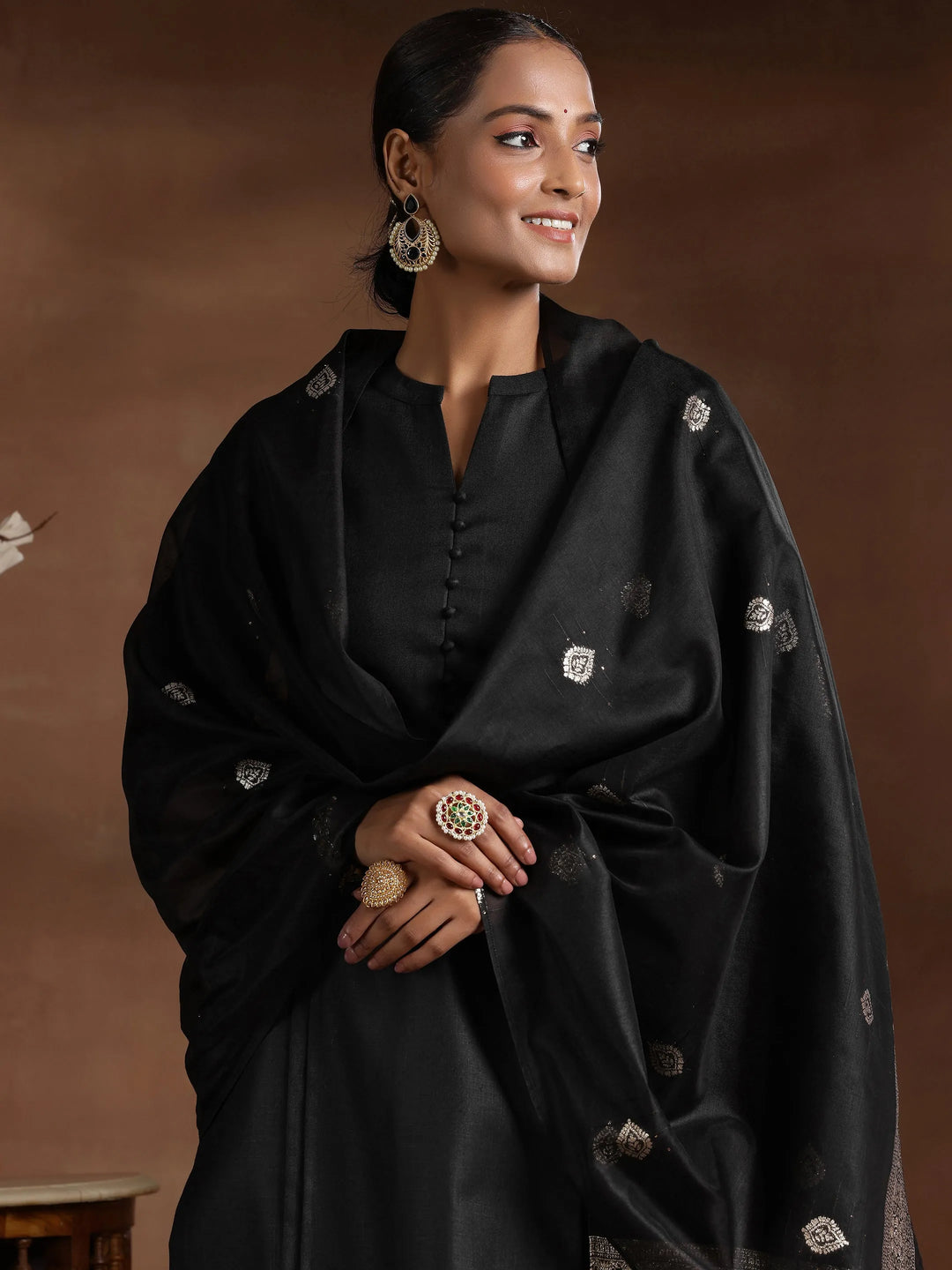  Black Solid Cotton Blend Straight Suit With Dupatta 
