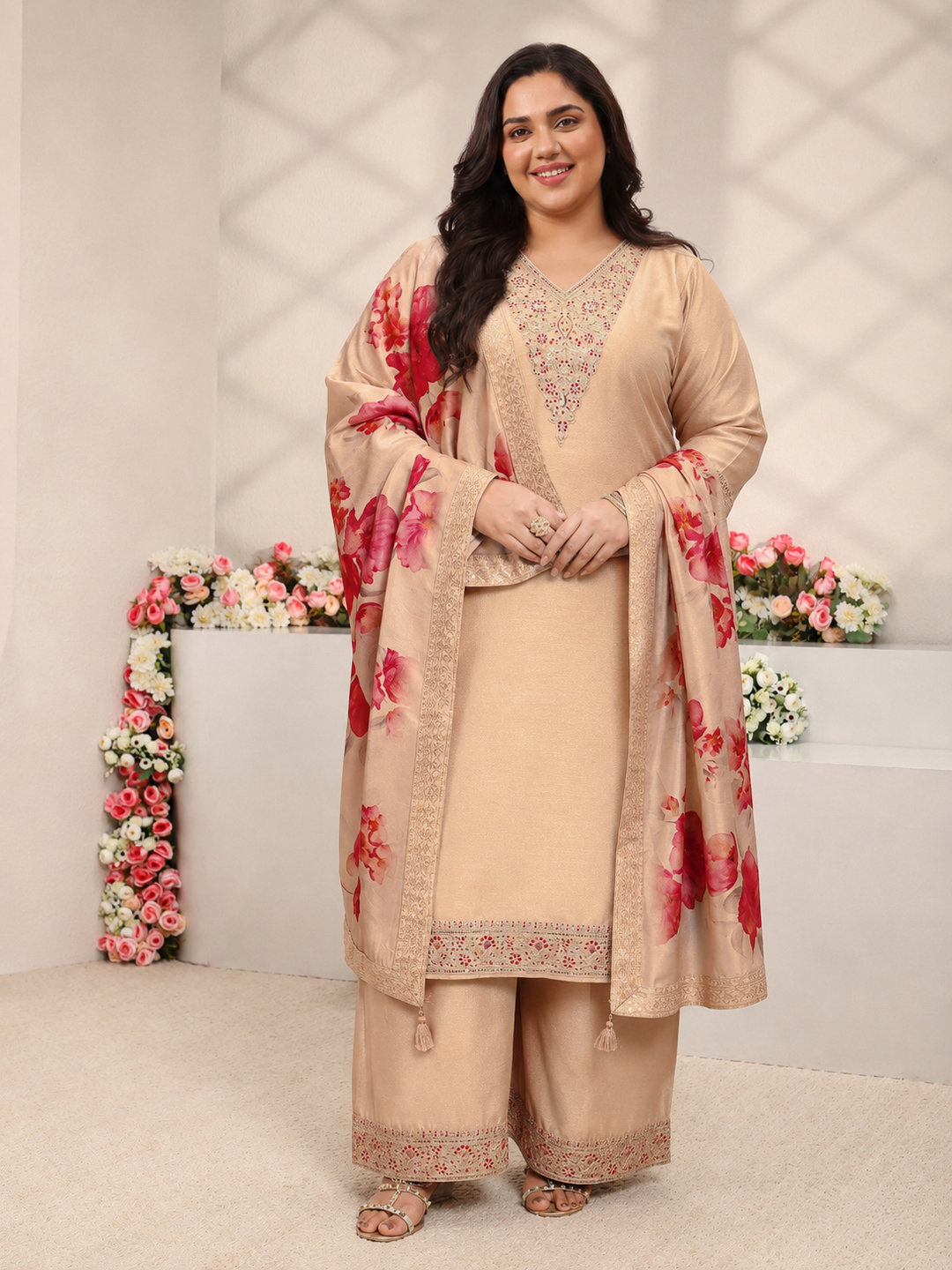  Plus Size Beige Floral Embroidered Silk Blend Straight Suit Set 