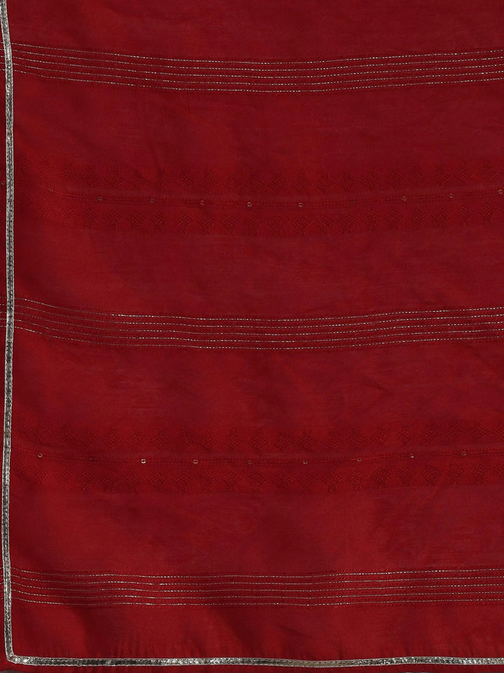Beige Yoke Design Silk Blend Straight Kurta With Trousers & Dupatta - Libas