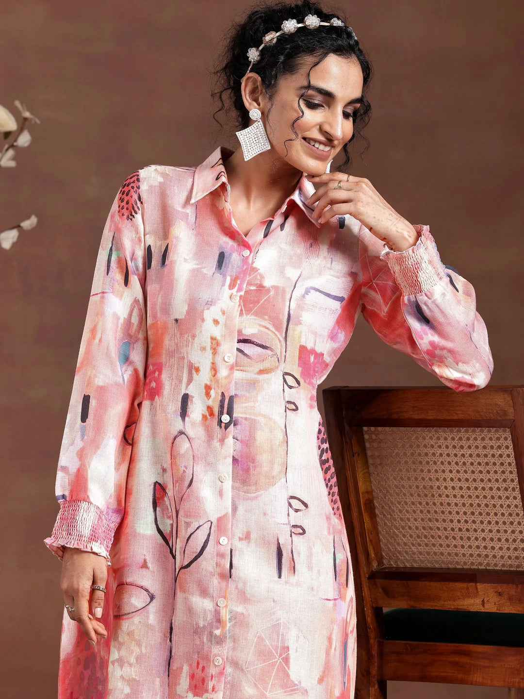  Peach Printed Cotton Blend A-Line Dress 