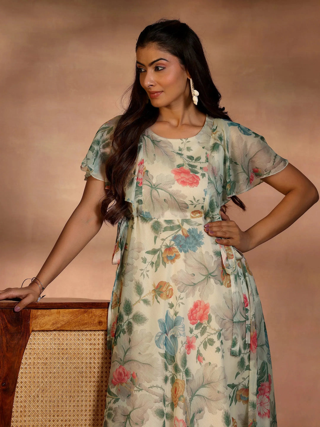  Off White Printed Polyester A-Line Dress 