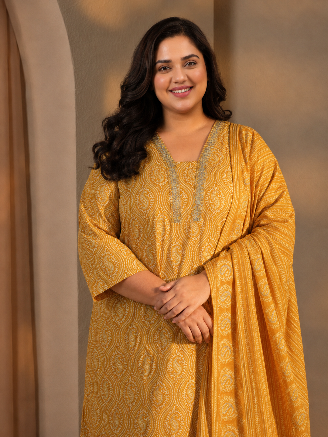  Plus Size Yellow Paisley Printed Cotton Straight Suit Set 