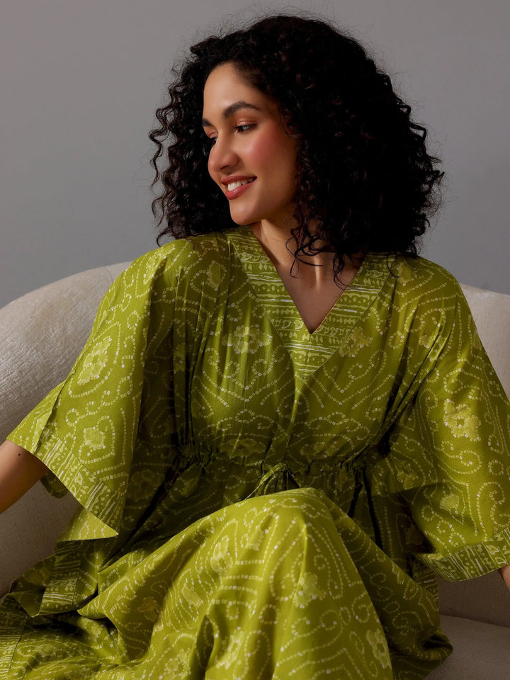 Green Printed Cotton Kaftan Night Dress - Libas