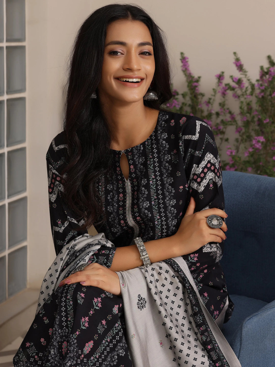  Black Printed Silk Blend Straight Suit With Dupatta 