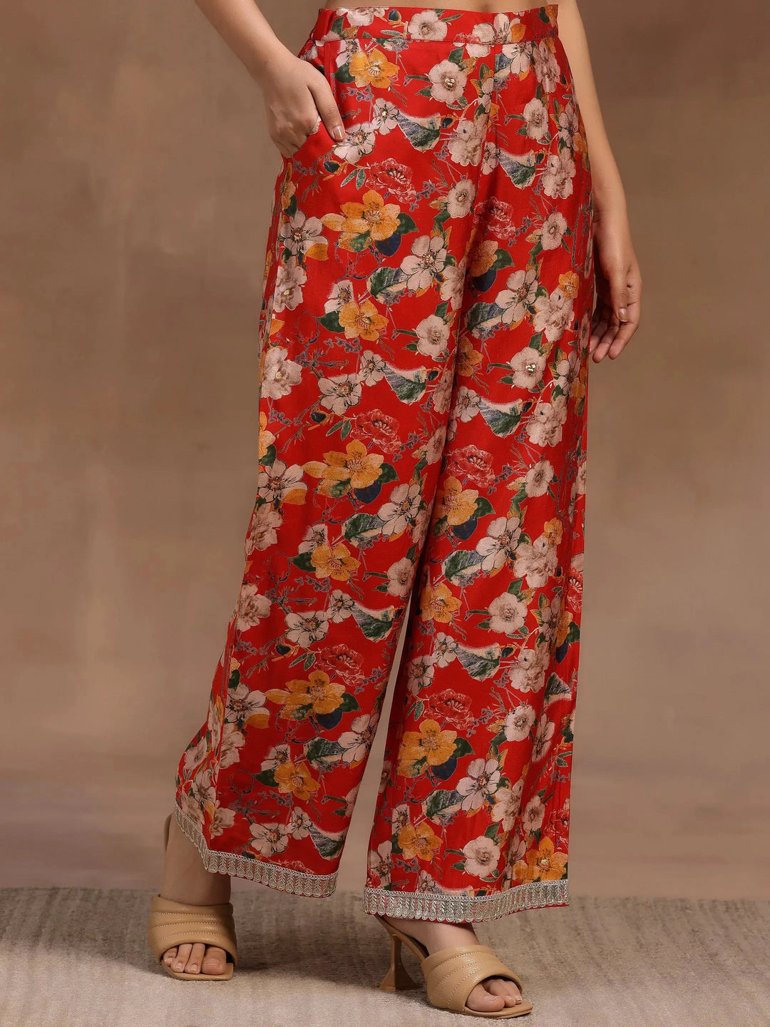  Red Printed Silk Blend Co-Ords 