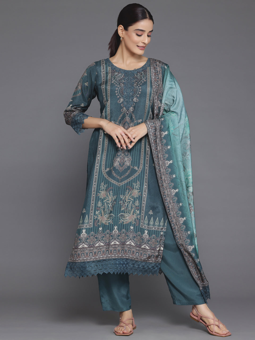  Green Printed Silk Blend Straight Suit Set With Dupatta 