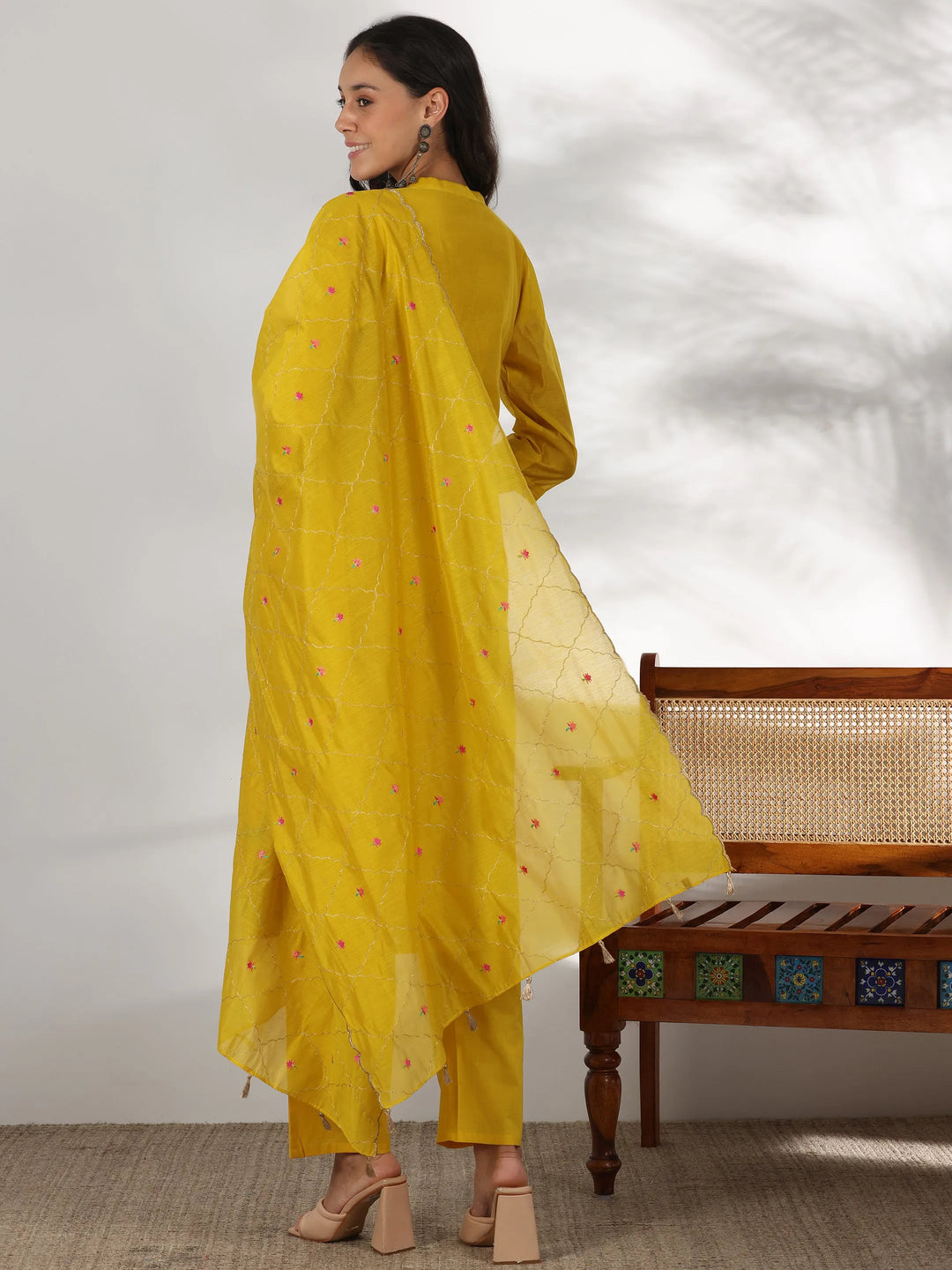  Yellow Embroidered Chanderi Silk Straight Suit With Dupatta 