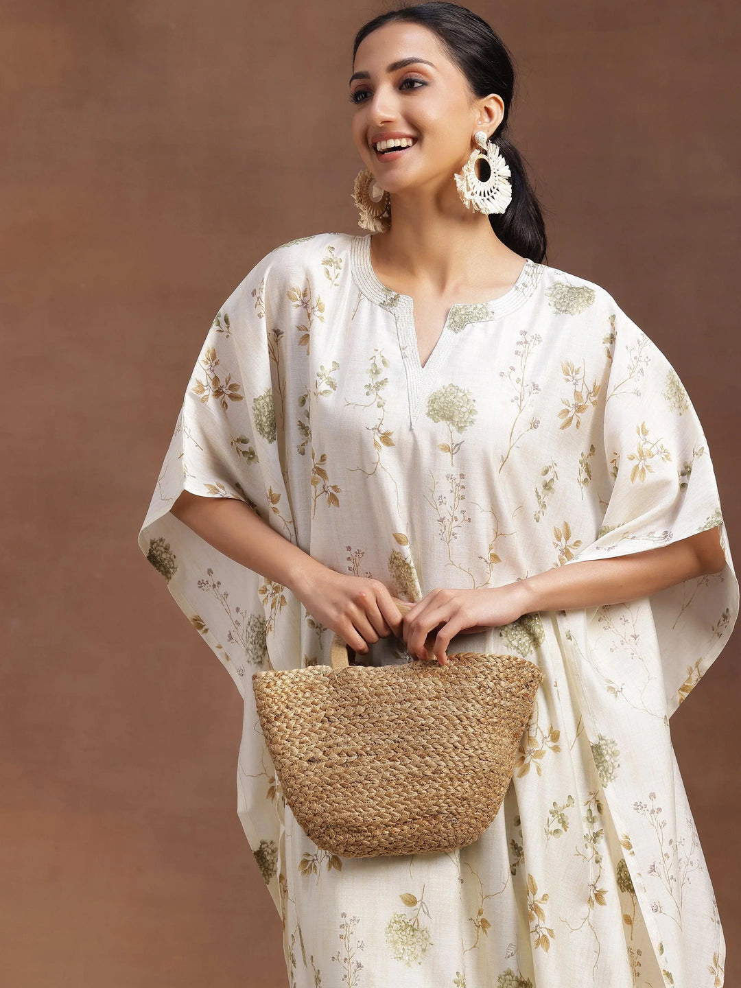 Cream Printed Silk Blend Co-Ords - Libas 