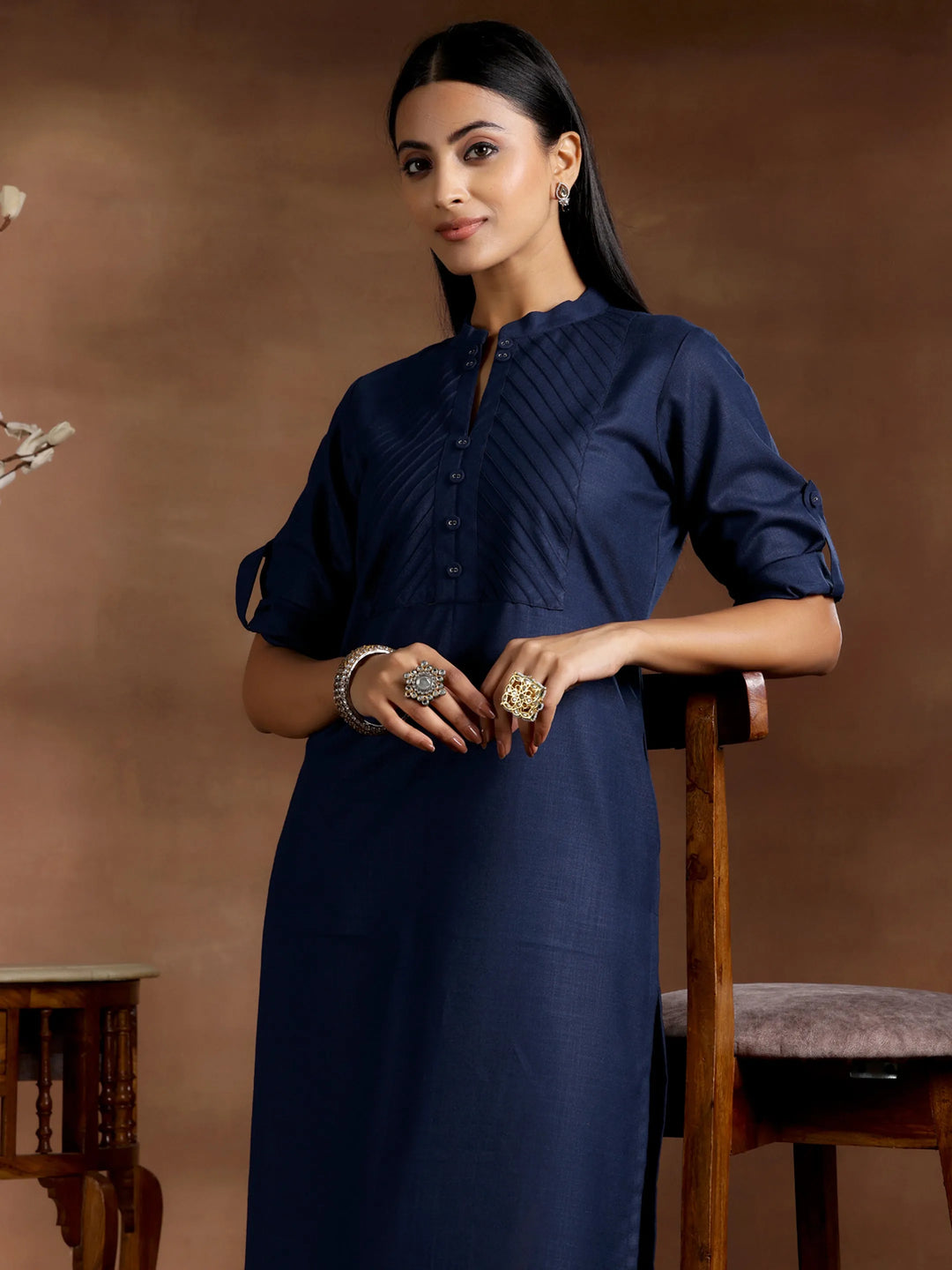  Blue Solid Cotton Blend Straight Kurta 
