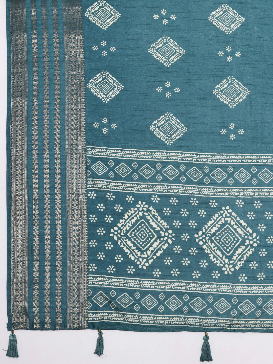 Blue Printed Silk Blend Saree With Unstitched Blouse Piece - Libas 