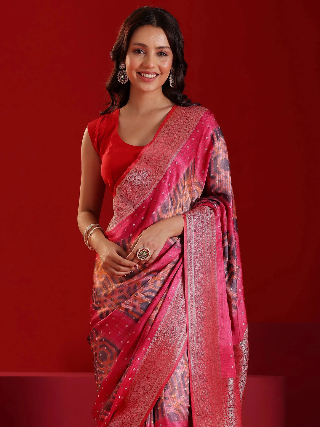  Libas Art Red Printed Satin Saree With Unstitched  Blouse Piece 