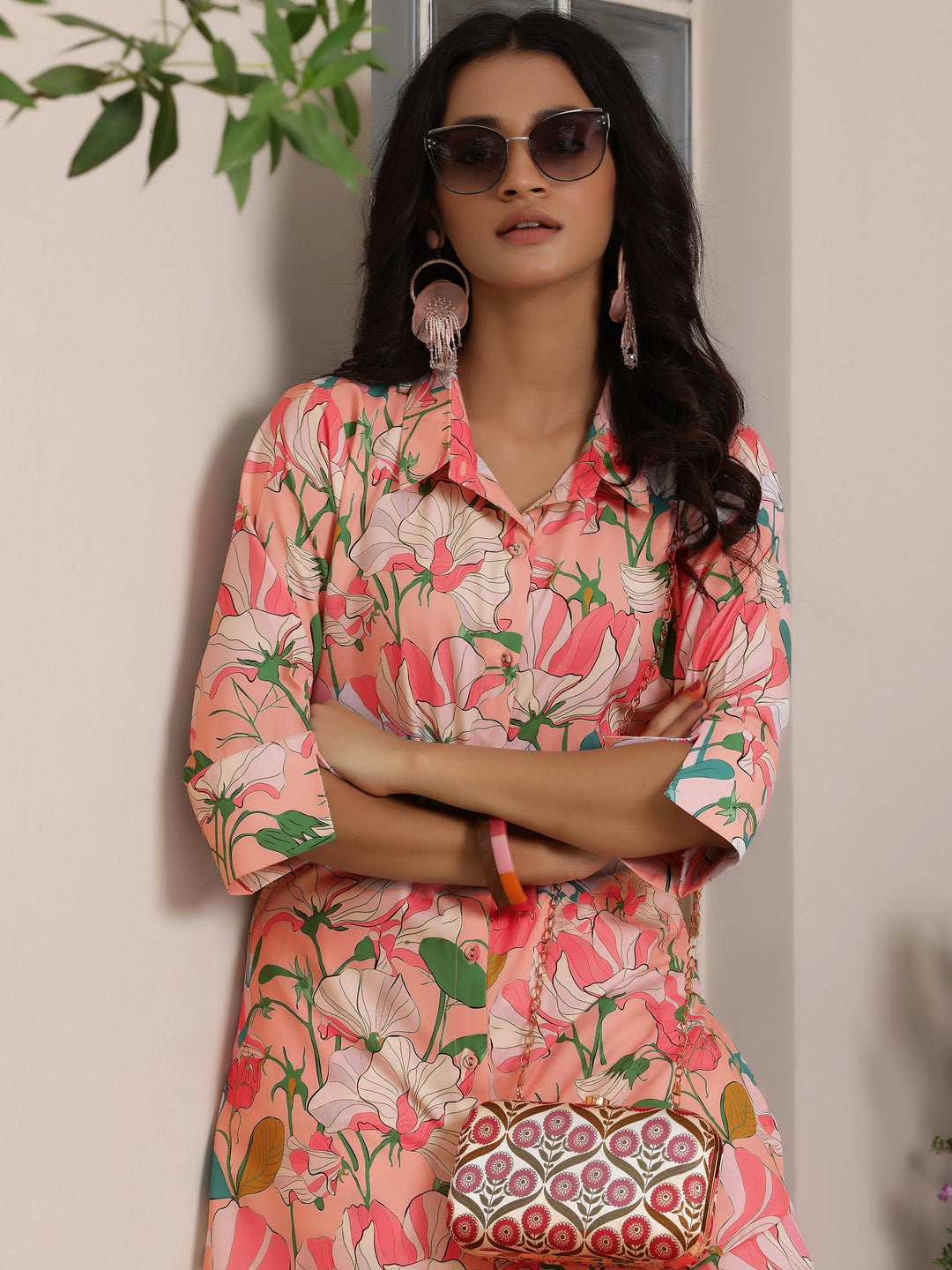  Peach Printed Silk Blend Co-Ords 
