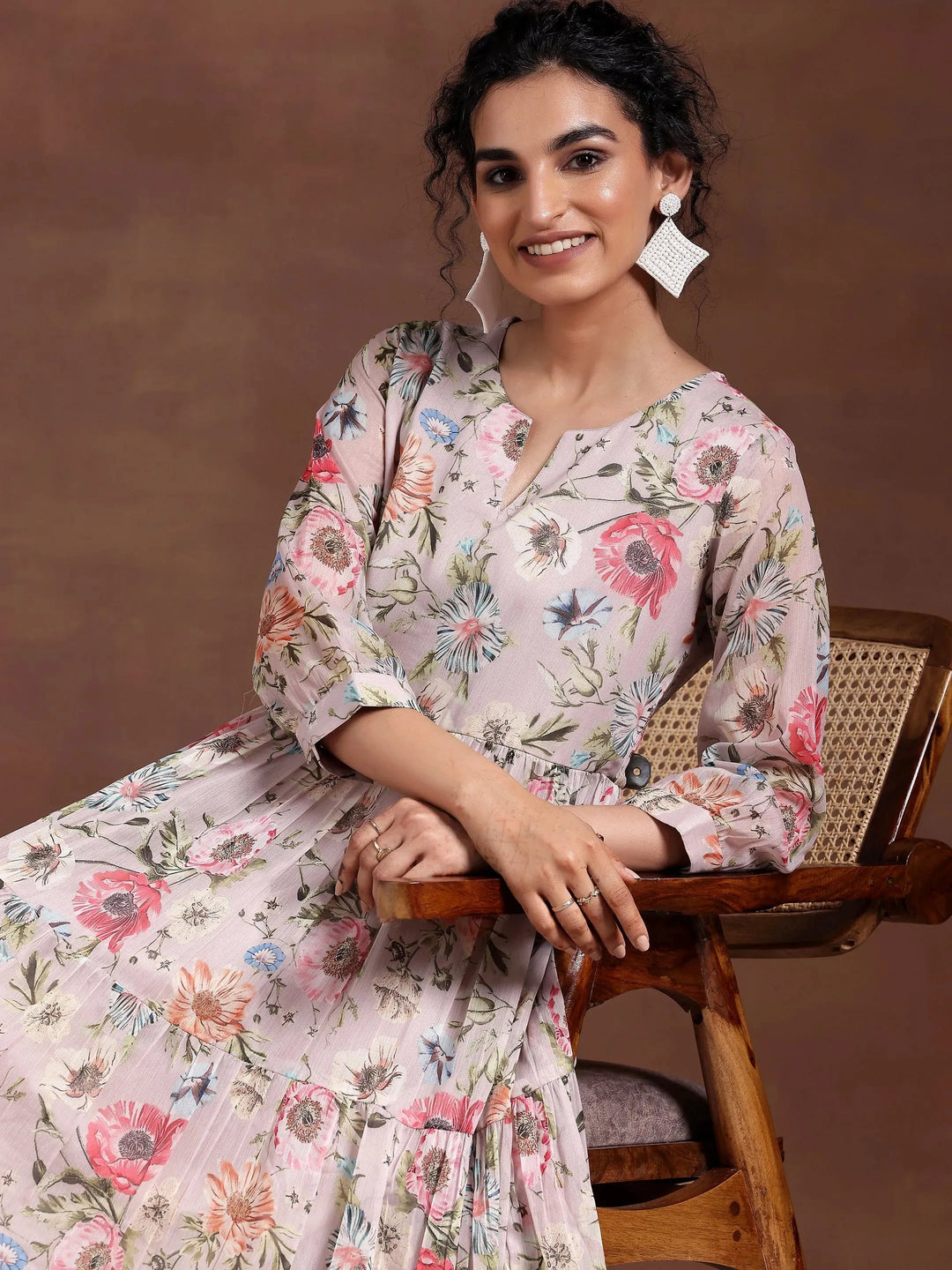  Pink Printed Chiffon Fit and Flare Dress 