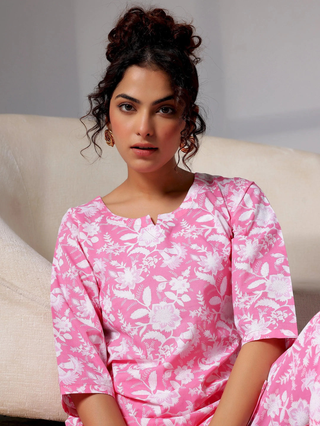 Pink Printed Cotton Night Suits - Libas 