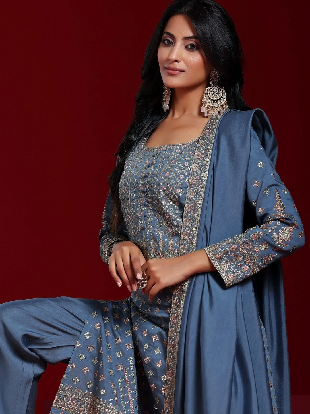  Libas Art Blue Embroidered Silk Blend A-Line Kurta With Trousers & Dupatta 