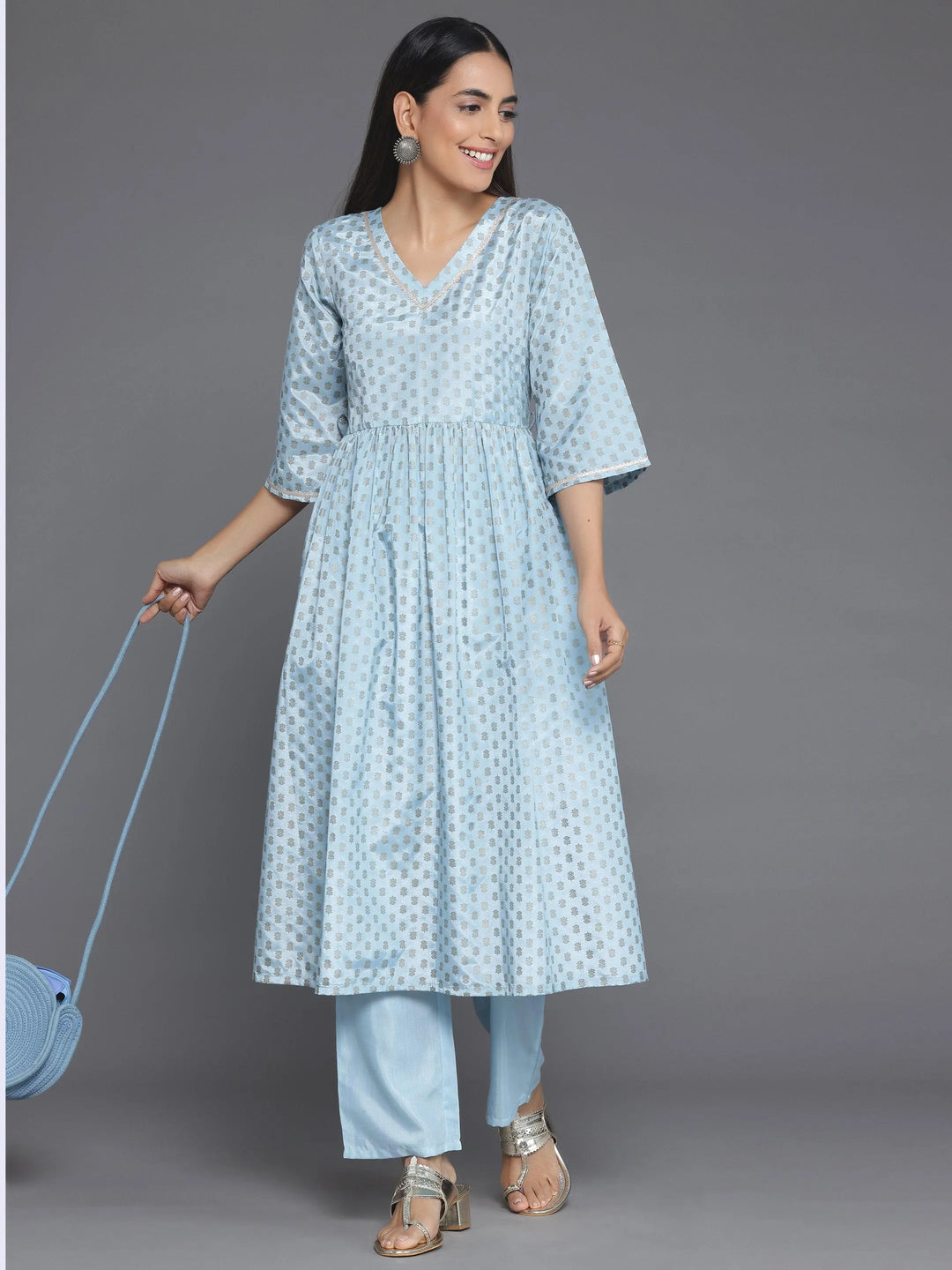 Blue Printed Silk Blend A-Line Kurta With Trousers - Libas 