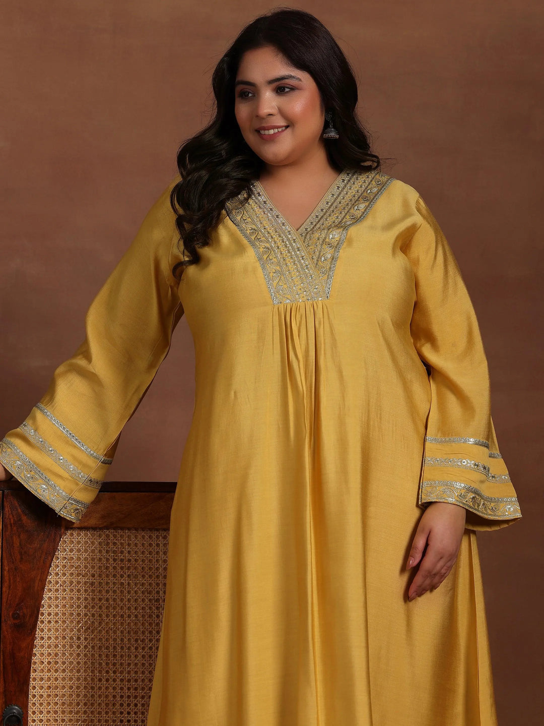 Plus Size Yellow Yoke Design Silk Blend A-Line Kurta With Trousers - Libas 