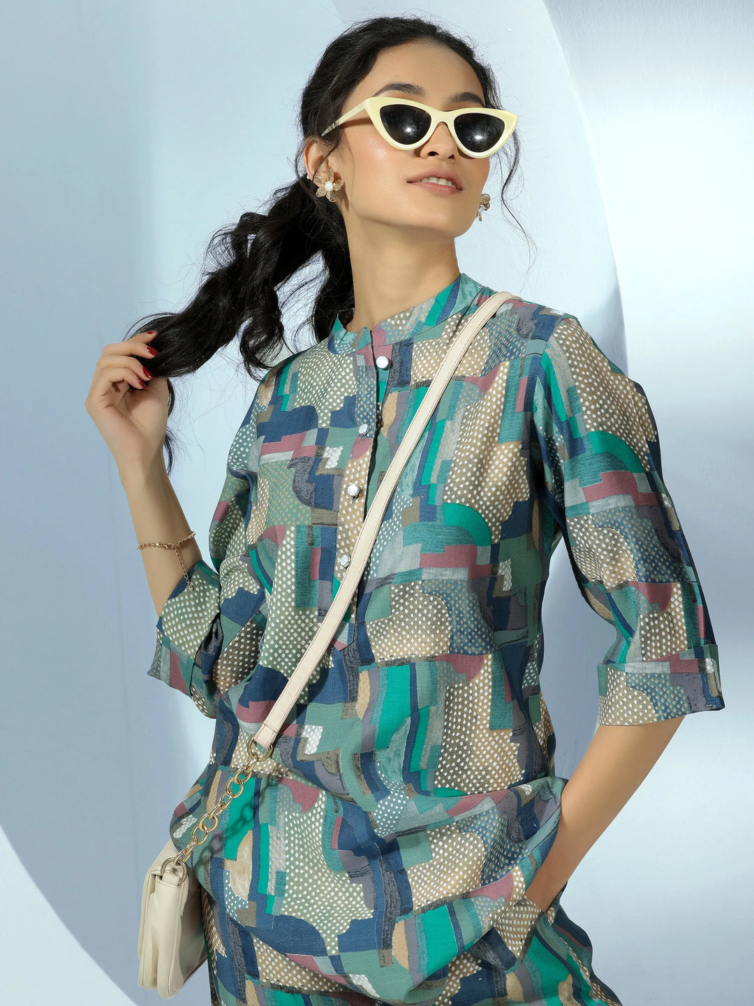  Blue Printed Silk Blend Co-Ords 