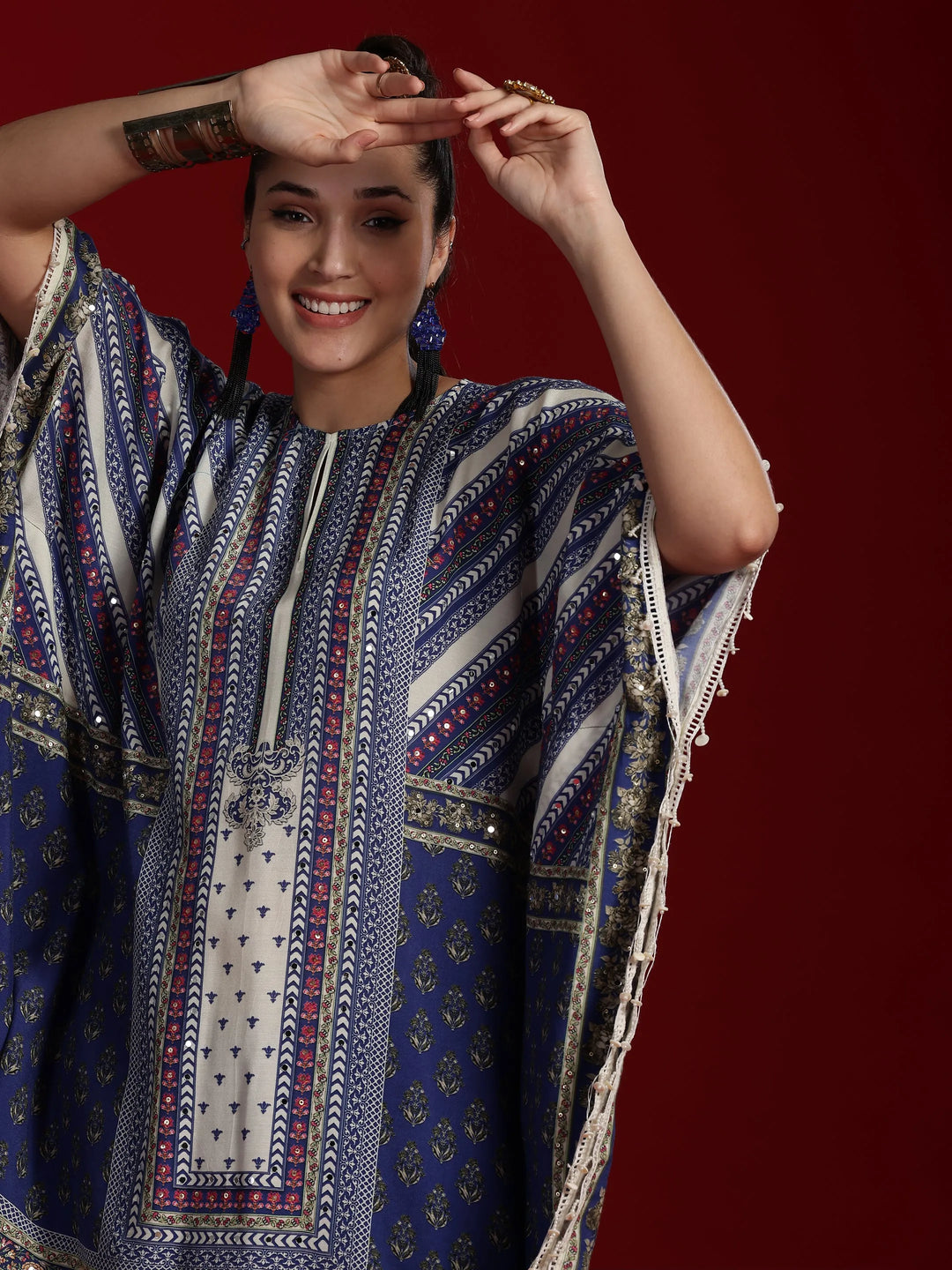  Libas Art Blue Printed Silk Blend Kaftan With Palazzos 