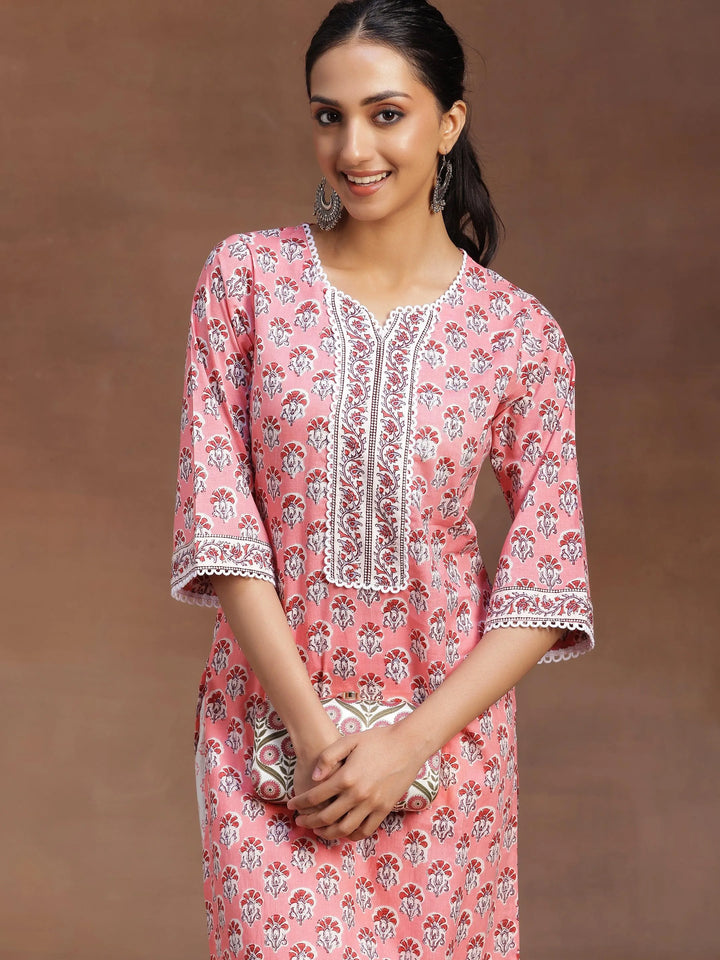 Peach Printed Cotton Straight Kurta With Palazzos - Libas