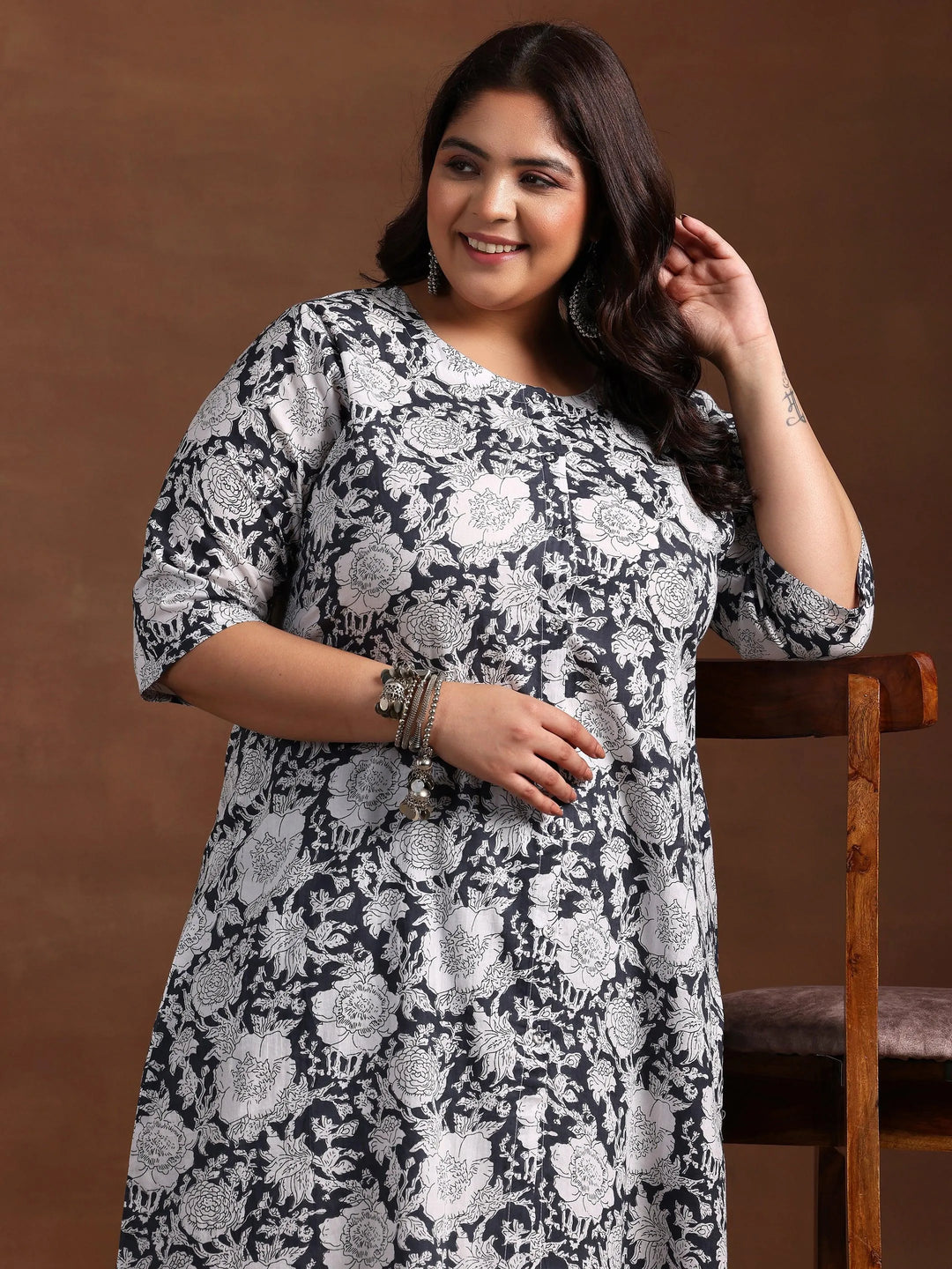 Plus Size Grey Printed Cotton Co-Ords - Libas 