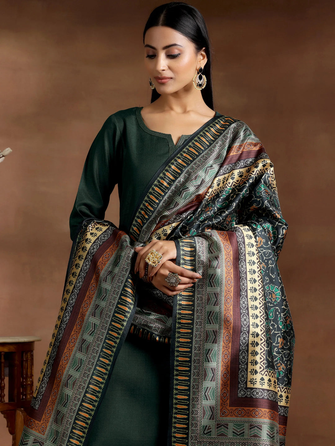  Green Solid Cotton Blend Straight Suit With Dupatta 
