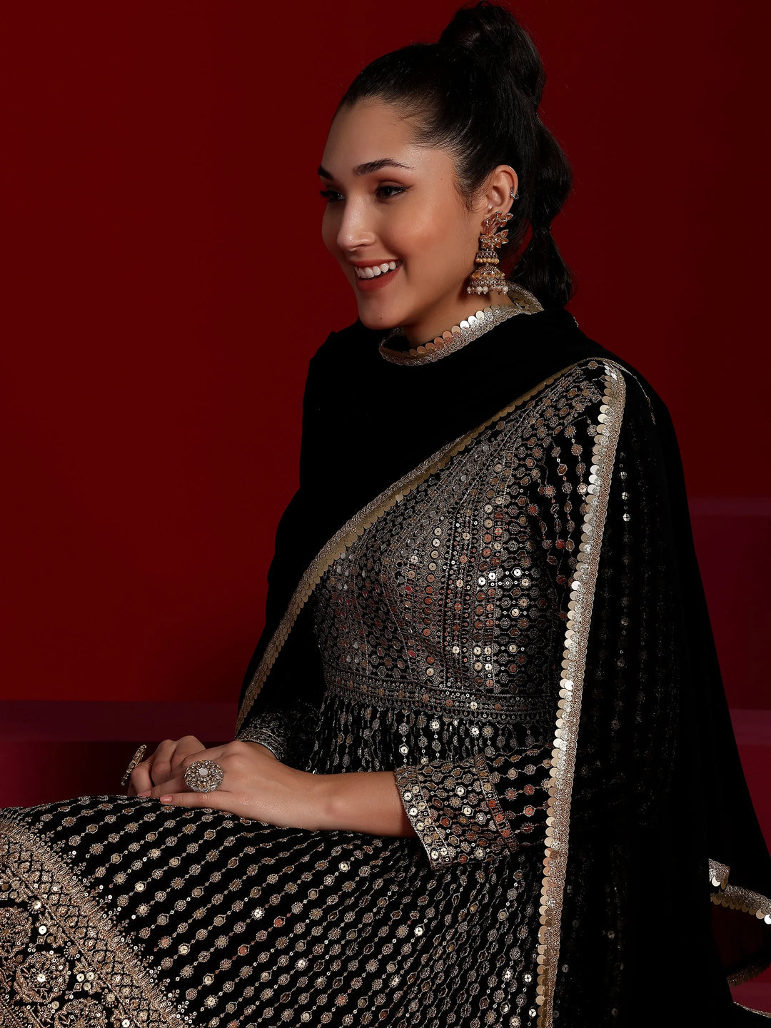  Libas Art Black Embroidered Georgette A-Line Kurta With Palazzos & Dupatta 