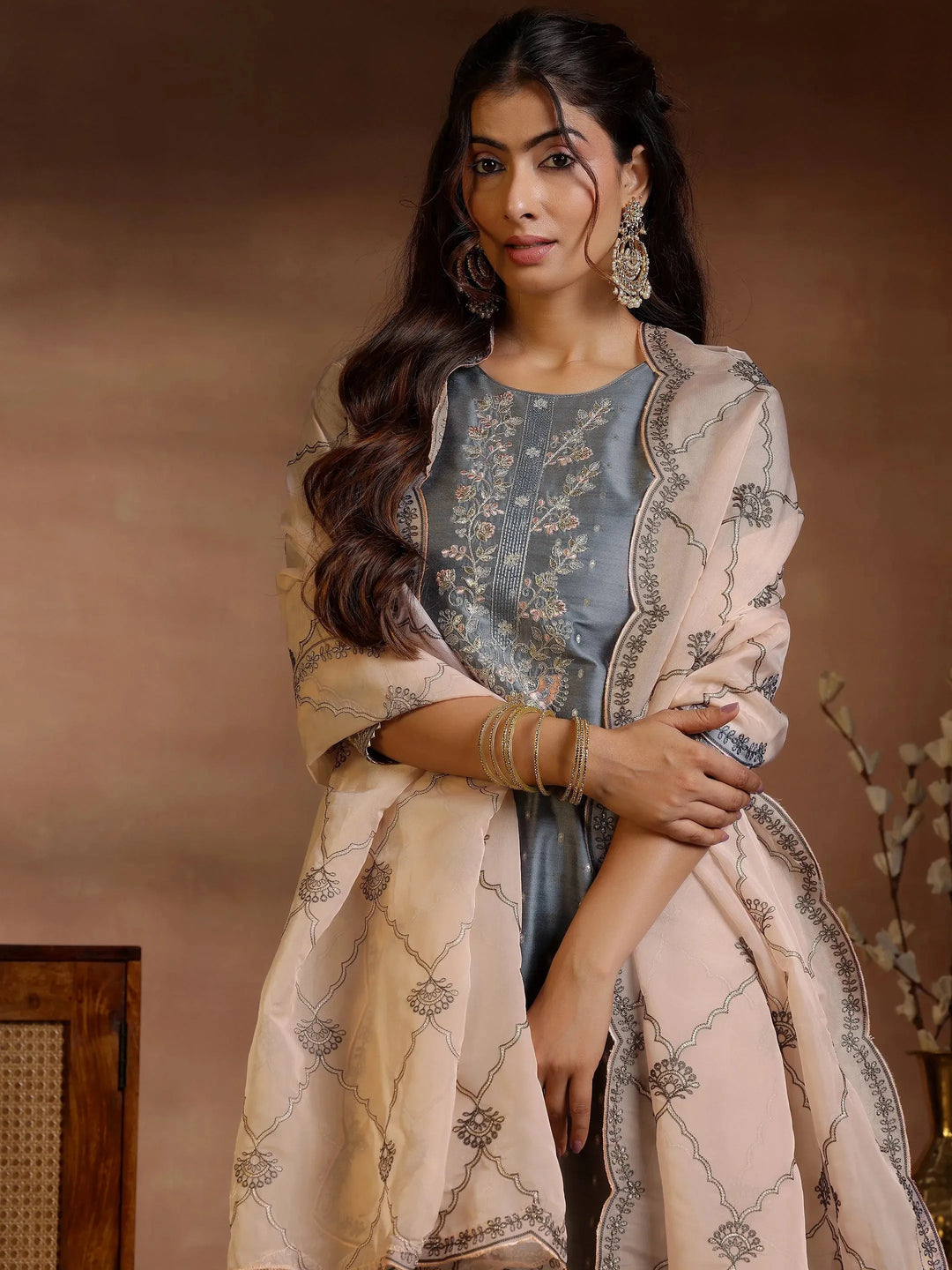  Grey Yoke Design Silk Blend Straight Suits With Dupatta 