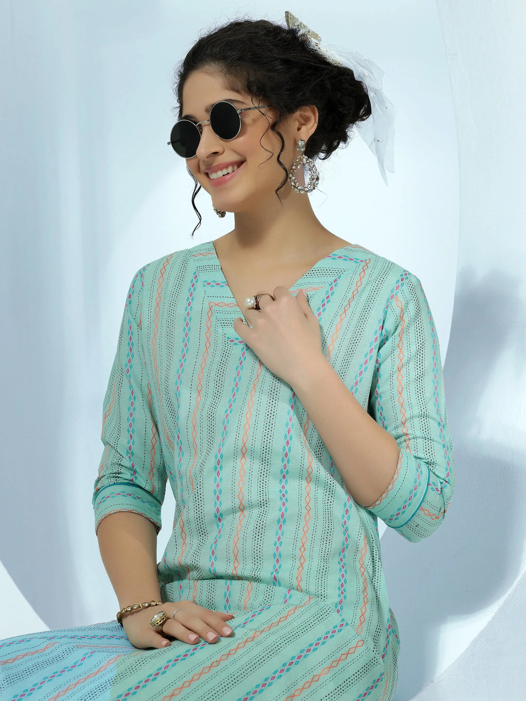  Sea Green Woven Design Cotton Straight Kurta 