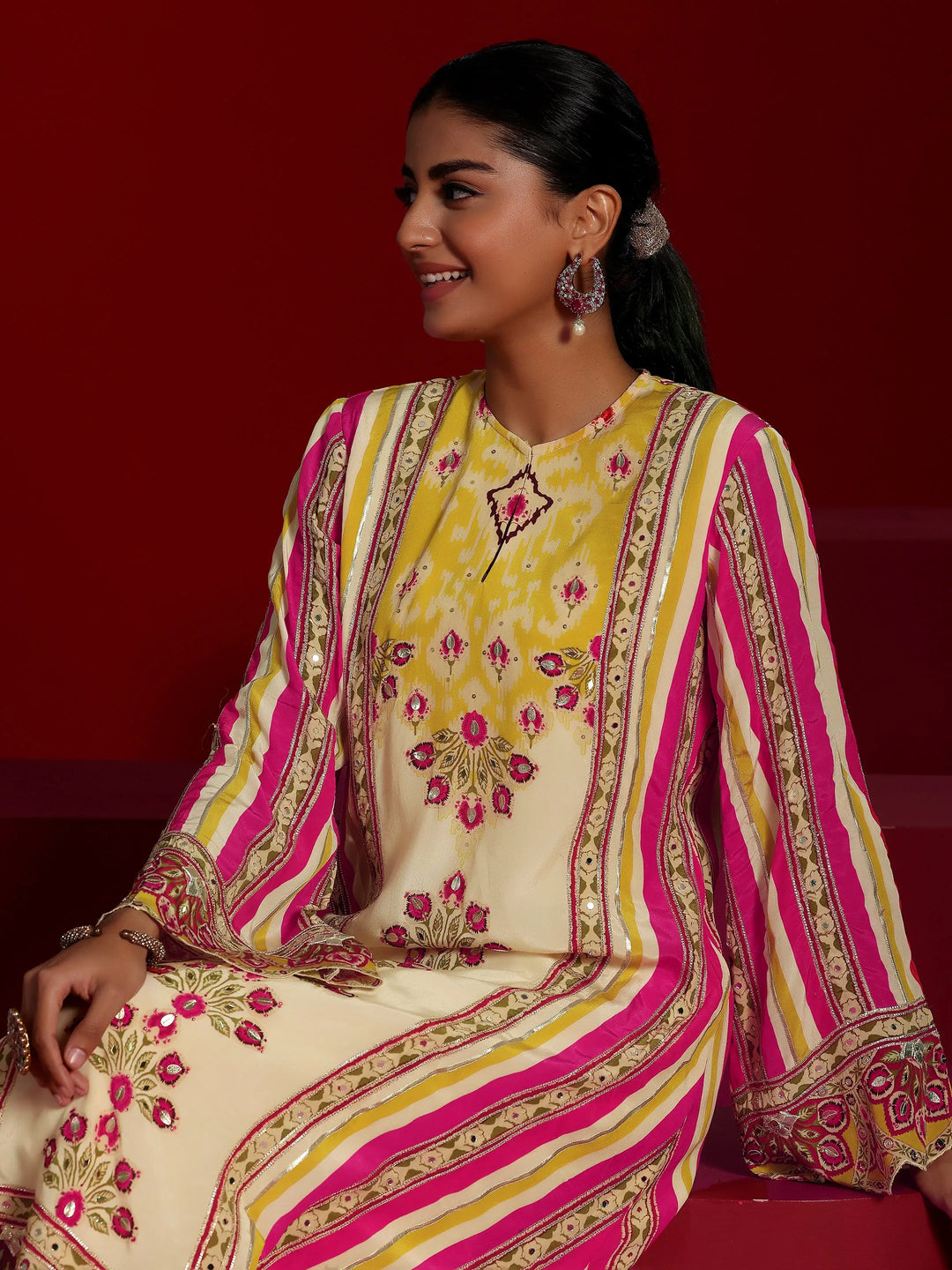  Libas Art Multi Printed Silk Crepe A-Line Kurta With Dhoti Pants 