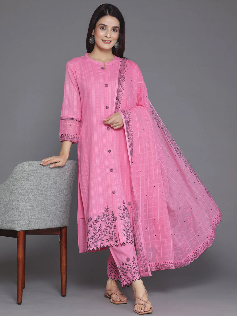 Libas Pink Woven Design Cotton Straight Suit With Dupatta