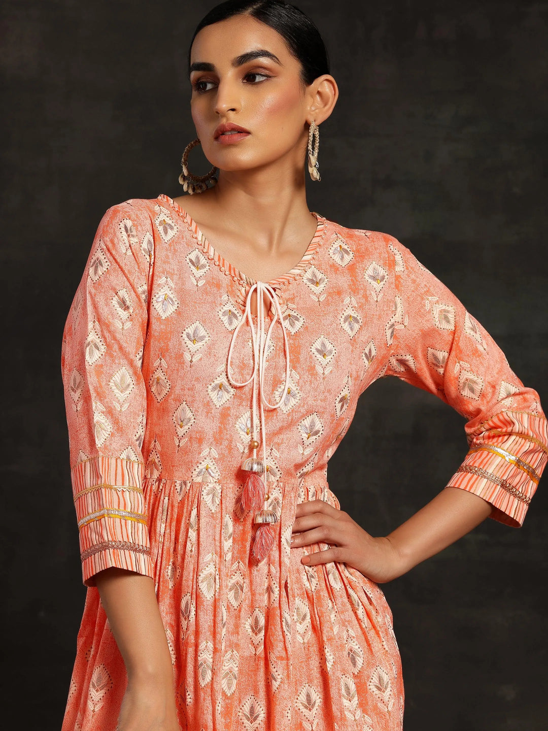 Peach Printed Cotton Fit and Flare Dress - Libas 