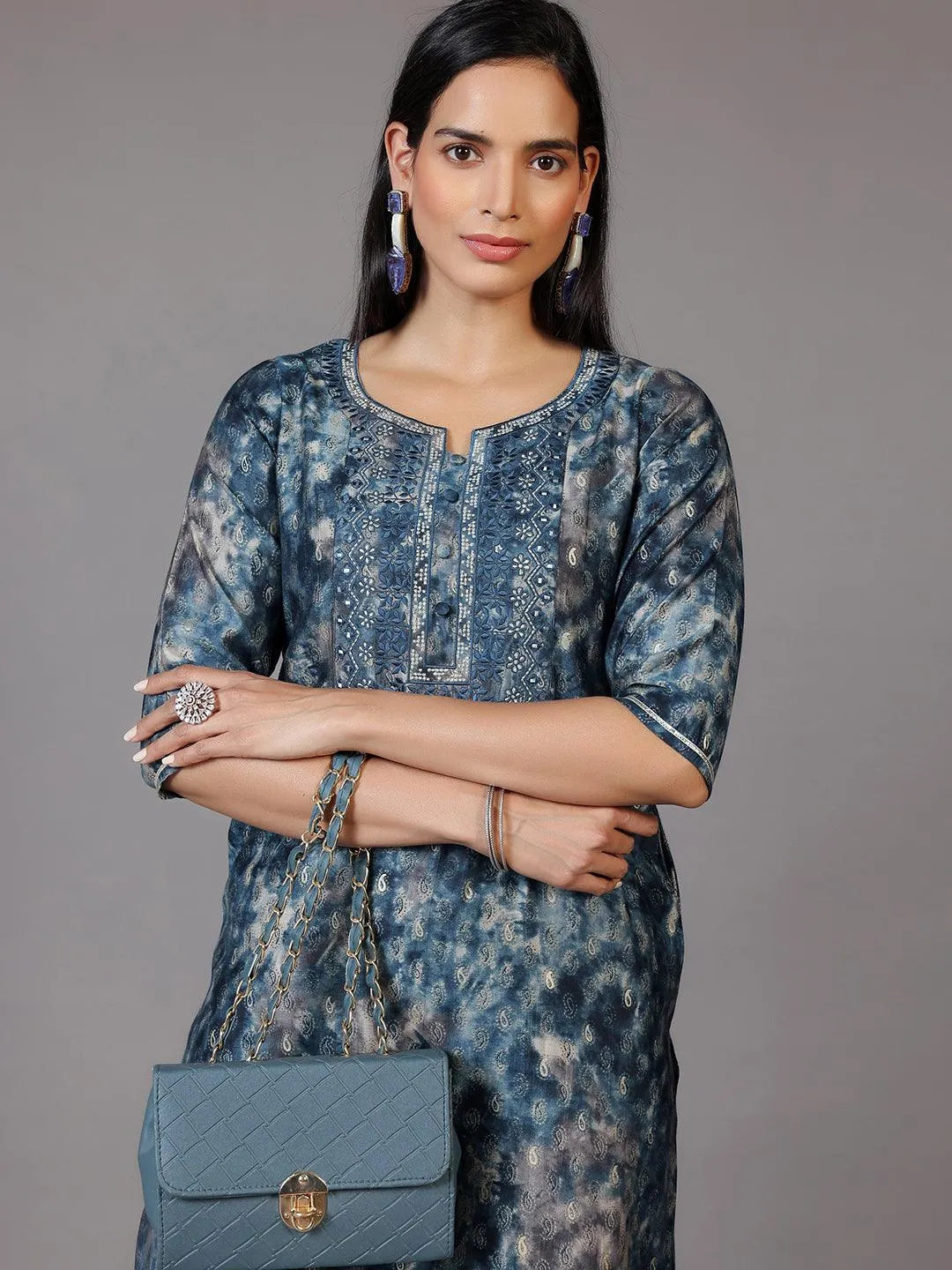 Navy Blue Yoke Design Silk Straight Kurta - Libas 