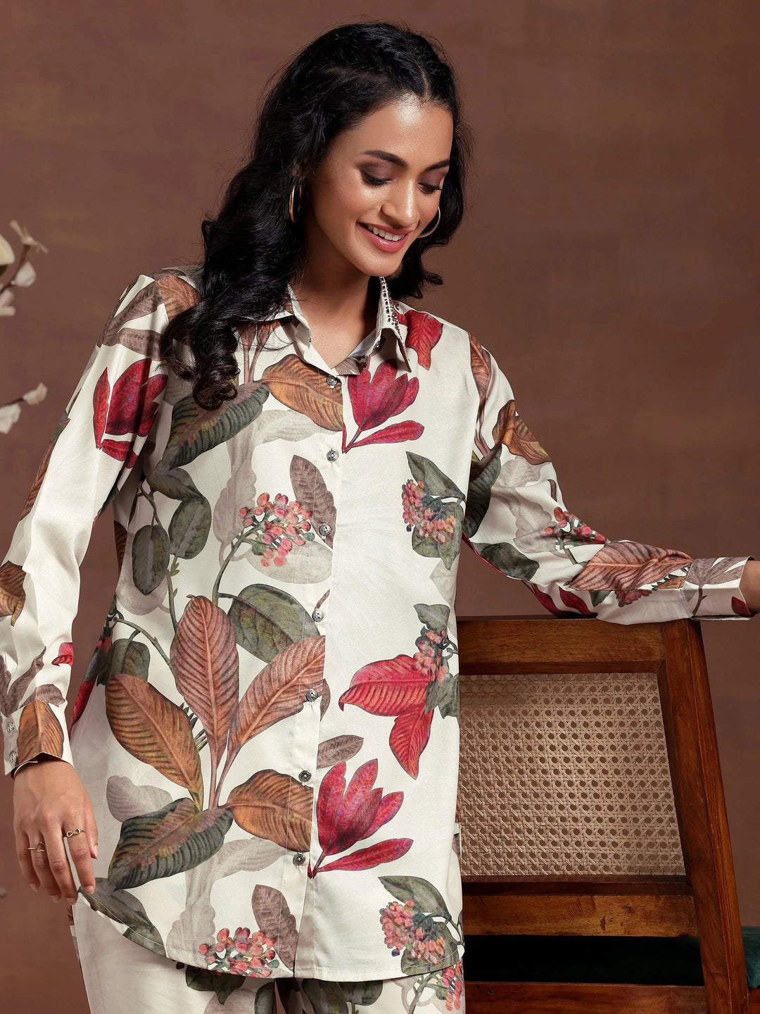  Beige Printed Crepe Co-Ords 
