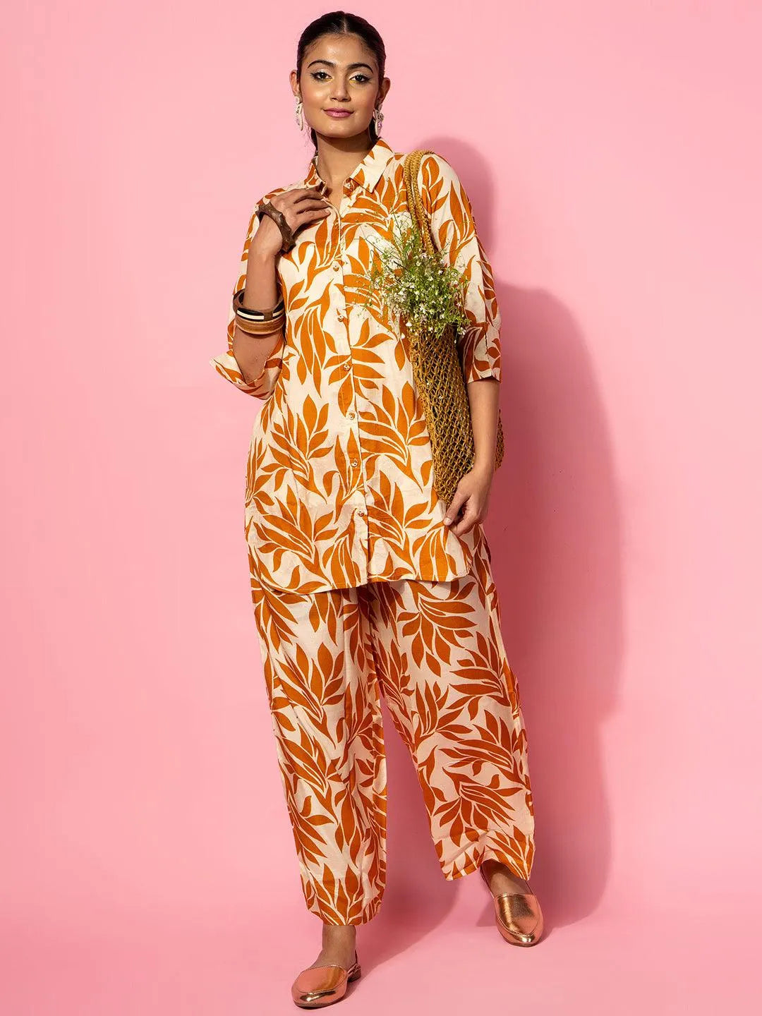 Beige Printed Silk Blend Co-Ords - Libas 