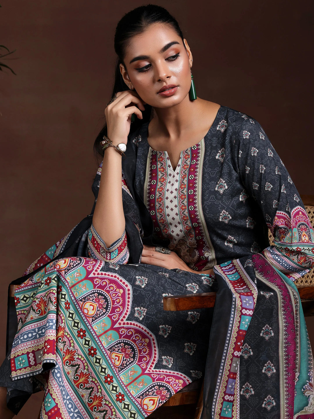  Black Printed Poly Crepe Straight Suit With Dupatta 