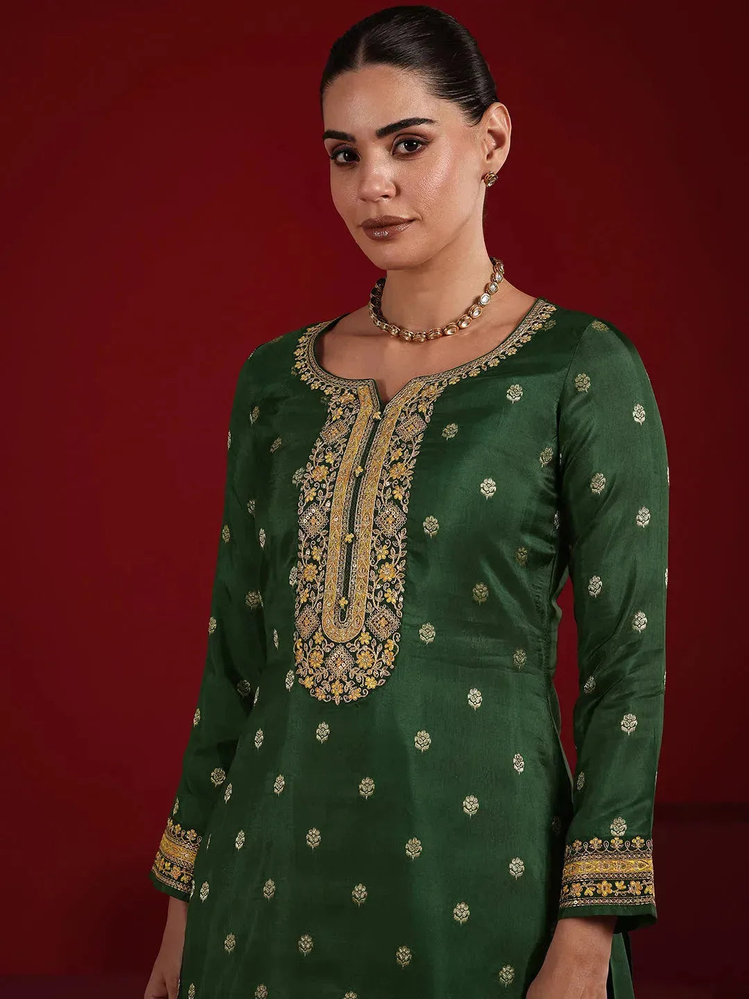  Libas Art Green Embroidered Silk Blend Straight Suit Set With Dupatta 